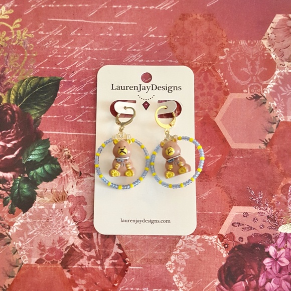 Teddy's Wonderland Blue and Yellow Beaded Gold Hoop Dangle Earrings - Picture 2 of 5